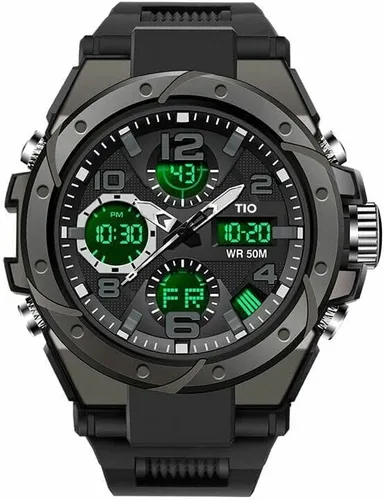 Vista 5 de Reloj para hombre TIO, militar, cronógrafo, digital, deportivo, resistente a los golpes y al agua, 5 ATM, negro, Negro, Deporte, casual, a la moda