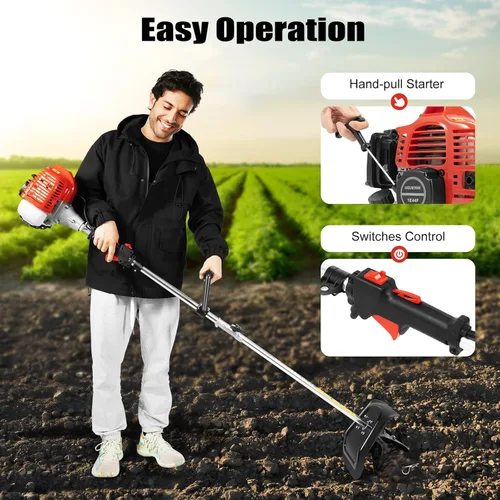 Vista 2 de Mini cultivador inalámbrico, 42.7 CC 2 tiempos de gasolina Rototiller inalámbrico cultivador de jardín granja 6500 RPM máximo máquina cortadora