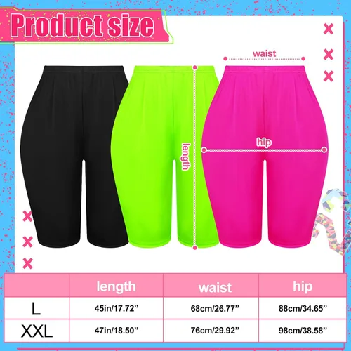 Vista 2 de Chuarry 3 piezas de pantalones cortos de yoga activos para mujer de los años 80, pantalones cortos brillantes de neón de cintura alta, pantalones
