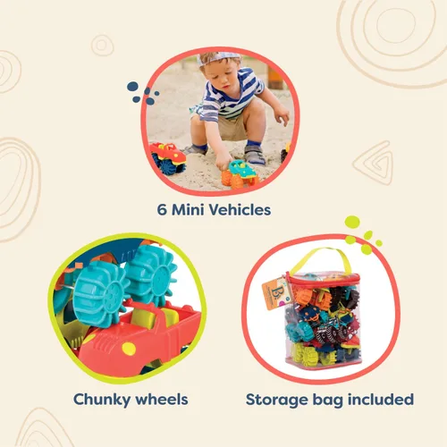 Vista 5 de B. toys – Coches de juguete de plástico – 6 – Paquete y bolsa de almacenamiento – Camiones coloridos para niños pequeños – Fácil de limpiar – Más