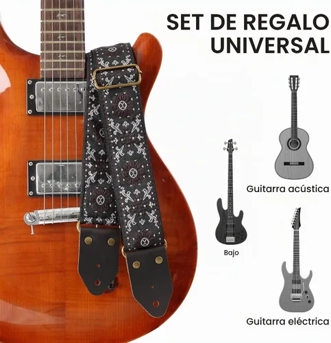 Vista 6 de Nefelibata Correa de guitarra, correas de guitarra de algodón bordado jacquard con extremos de cuero de caballo loco para bajo, eléctrico