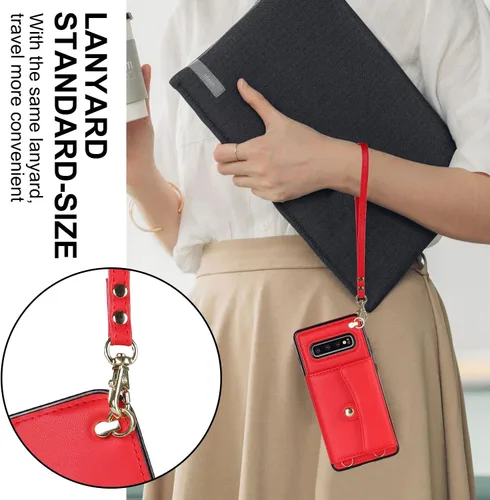 Vista 5 de Asuwish Funda de teléfono para Samsung Galaxy S10 Plus con bloqueo RFID, tarjetero y correa cruzada de muñeca, correa cruzada de cuero, accesorios