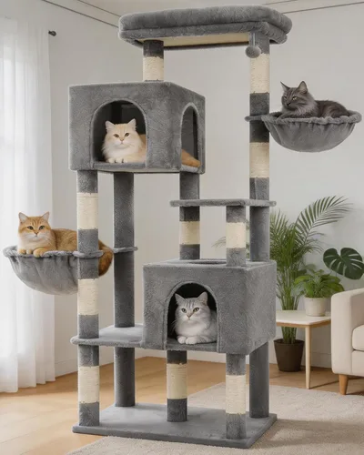 Vista 15 de Heybly Árbol para gatos de 68.1 pulgadas con plataforma superior de gran tamaño y base ancha, torre para gatos grandes de interior con 2