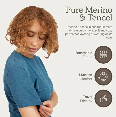 Vista 3 de Nui Organics - Camiseta de lana merino y Tencel Salus para mujer, capa base, tela natural ultrasuave, comodidad durante todo el año, transpirable.