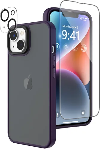 Vista 9 de Funda compatible con iPhone 14 con protector de pantalla, cuerpo completo, a prueba de golpes, con protector de cámara, translúcido mate, funda
