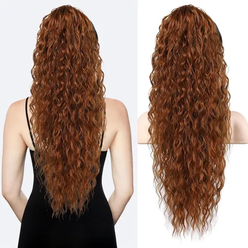 Vista 19 de Flufymooz Extensión de cola de caballo, 22 pulgadas, estilo bohemio, con cordón, extensiones de cabello para mujer, cola de caballo larga, rizada