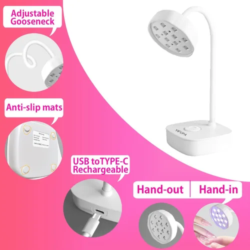 Vista 3 de Lámpara de uñas UV con sensor automático, mini luz UV para uñas de gel recargable, lámpara LED UV, secador de uñas, luz de curación flash para salón