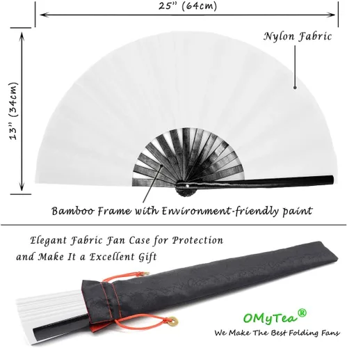 Vista 2 de OMyTea Ventilador de mano plegable grande de bambú para hombres y mujeres, ventilador de mano chino japonés de Kung Fu Tai Chi con funda de tela