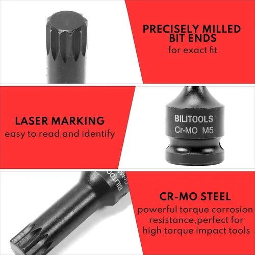 Vista 6 de BILITOOLS Juego de 8 piezas Impact XZN Triple Square Spline Bit Socket Set 1/2 inch Drive, M5-M18, Cr-Mo Steel