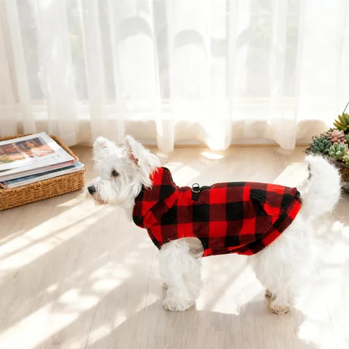Vista 7 de EXPAWLORER - Sudadera de forro polar con capucha para perros, chaleco de suéter a cuadros para mascotas, ropa de otoño e invierno con anillo