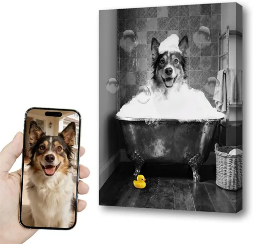 Vista 40 de kvtiwee retrato personalizado de mascota a partir de foto, arte de pared en lienzo de gato en el inodoro, arte de baño divertido en blanco y negro