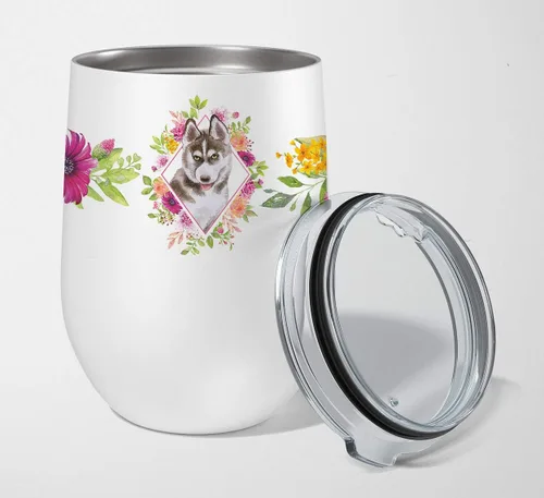 Vista 96 de Caroline's Treasures CK4110TBL12 Afghan Hound Pink Flowers - Vaso de vino aislado de acero inoxidable de 12 onzas con tapa, bonita taza de viaje