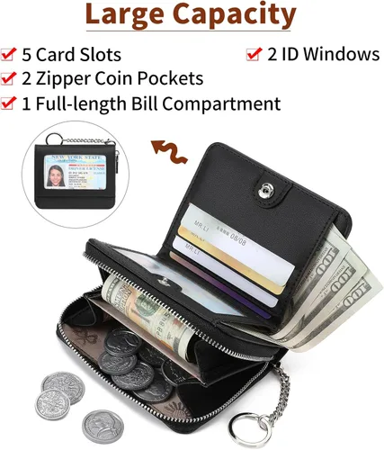 Vista 2 de GAEKEAO Billetera de cuero para mujer con bloqueo RFID, tarjetero compacto, pequeño, con ventana para identificación, bolsillo con cremallera