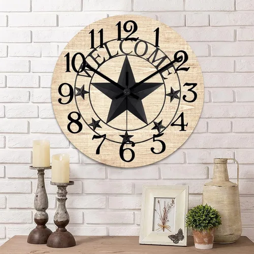 Vista 9 de Reloj de pared decorativo de 10 pulgadas con estrella del oeste de Texas, reloj de madera rústico, silencioso, sin tictac, funciona con pilas, reloj