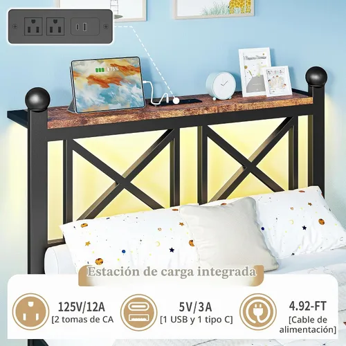 Vista 7 de DynJest Base de cama negra de tamaño individual con luces LED, cama de metal resistente con cabecera y piecero, estante de almacenamiento con Negro