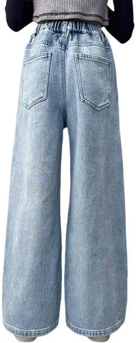 Vista 2 de Pantalones de mezclilla holgados para niñas y niñas, pantalones de mezclilla casuales de pierna ancha y cintura alta, talla 5-14 años