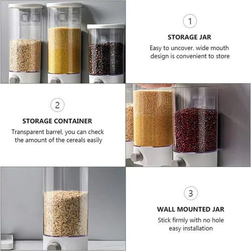 Vista 8 de Kichvoe Tarro de almacenamiento montado en la pared 1.5L dispensador de grano transparente a prueba de humedad organizador de alimentos ahorro