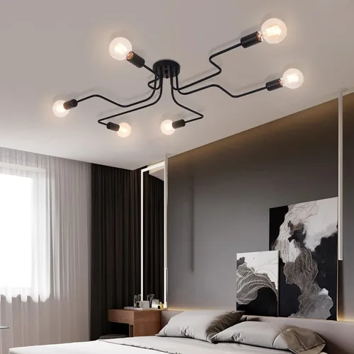 Vista 5 de Lingkai Sputnik - Lámpara de techo de 6 luces, lámparas industriales de metal negro Sputnik semiempotradas para sala de estar, comedor, vestíbulo