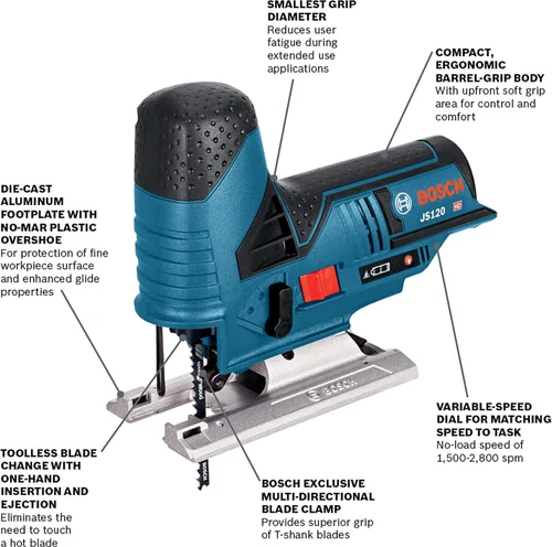 Vista 2 de Bosch JS120N Sierra de calar de agarre de barril de 12V Max, inalámbrica, velocidad variable, cambio de hoja de sierra sin herramientas