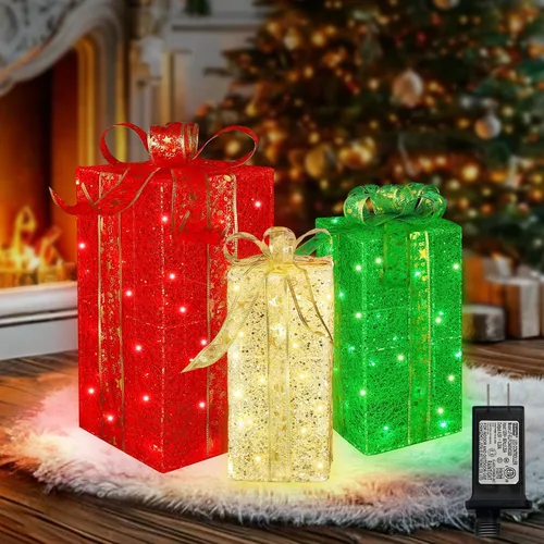 Vista 10 de LAMPHOME Juego de 3 Cajas de Regalo Iluminadas con 70 LED de Navidad, Luces Blancas Cálidas con Intermitente, Cajas Decorativas para Sendero, Adorno