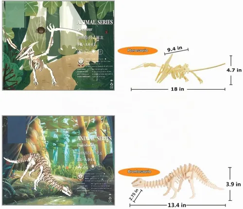 Vista 4 de Rompecabezas de dinosaurio de madera 3D, juego de 6 piezas de rompecabezas de esqueleto de dinosaurio de madera, rompecabezas 3D de manualidades