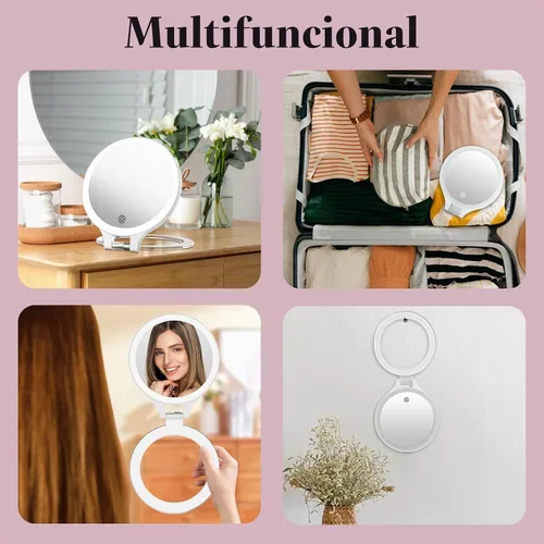 Vista 6 de Espejo de aumento con luz 10X/1X, espejo de viaje de doble cara con luz, espejo de maquillaje recargable con 3 ajustes de color Soporte ajustable