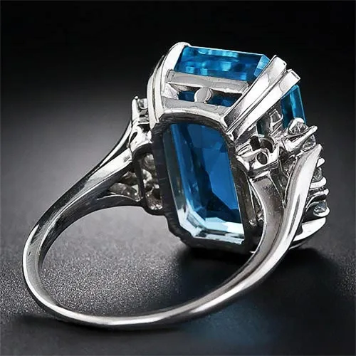 Vista 3 de Anillo de Plata de Ley 925 Brillante con Gemas de Diamante Completo Anillo de Circonia Cúbica Azul Anillos CZ Diamante Anillo de Múltiples Filas