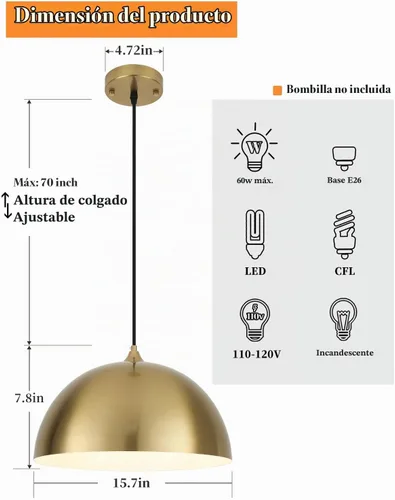 Vista 4 de Lámpara colgante dorada de 15.7 pulgadas, luces colgantes grandes para isla de cocina, lámpara colgante de cúpula de granja para pasillo, comedor