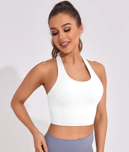 Vista 2 de KerryKreey Camiseta de entrenamiento con cuello halter para mujer, con relleno, brasier deportivo de línea larga, para yoga, gimnasio, atlético