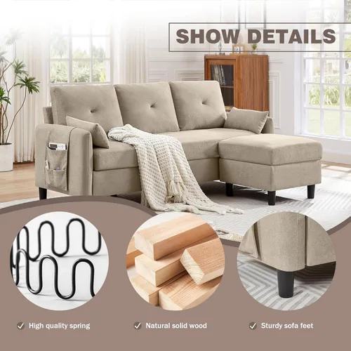 Vista 3 de Sofás Seccionales Convertibles de 77", Sofá en Forma de L de 3 Asientos con Chaise de Almacenamiento y Almohadas Removibles, Sofá Pequeño de Tela