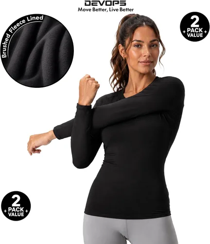 Vista 5 de DEVOPS - Paquete de 2 camisas térmicas de manga larga para mujer, capa base de compresión negro / negro