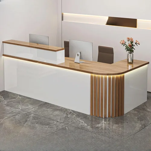 Vista 15 de LITFAD Recepción de computadora en forma de L - Escritorio de recepción de madera fabricada con gabinete, gestión de cables y bandeja para teclado