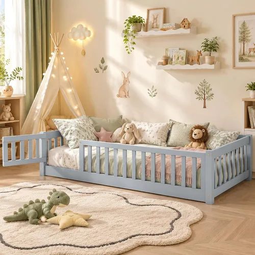 Vista 13 de Marco de cama Montessori de tamaño individual con rejillas, puerta y valla Valla Espresso