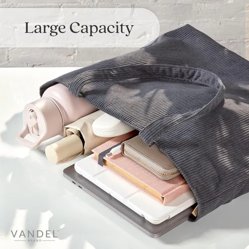 Vista 5 de VANDEL Bolso tote de pana para mujeres y hombres con cremallera y bolsillos interiores. Bolso tote con cremallera, bonita bolsa estética