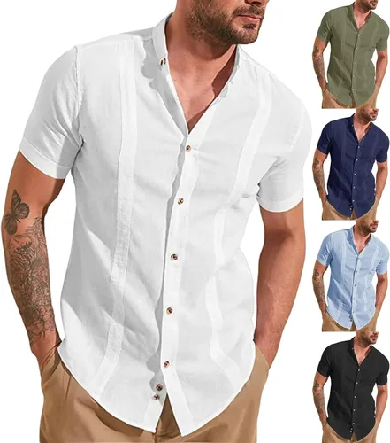 Vista 3 de Camisas de manga corta para hombre, camisas casuales a rayas, camisa de guayabera cubana con botones, camisas de verano para la playa y la boda