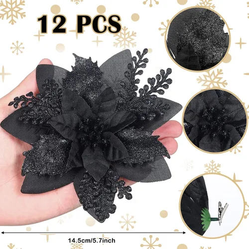 Vista 3 de Canlierr 12 piezas flores de Pascua de Navidad de 5.7 pulgadas con purpurina, flores artificiales con clips, adorno de árbol de Navidad para corona