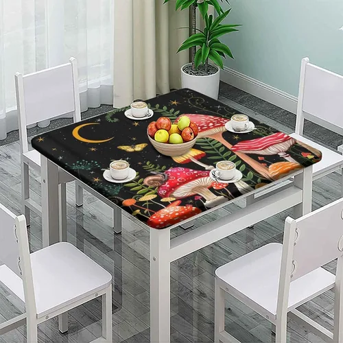 Vista 2 de Mantel cuadrado de hongos de tela elástica, mantel impermeable para cocina, comedor, fiesta, mantel lavable para mesas de hasta 42 pulgadas