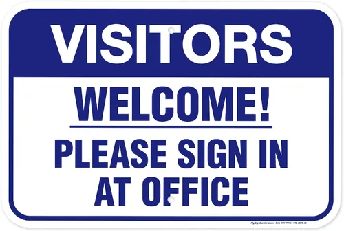 Vista 19 de Letrero con texto en inglés «Welcome Please Sign In at Office», 10 x 14