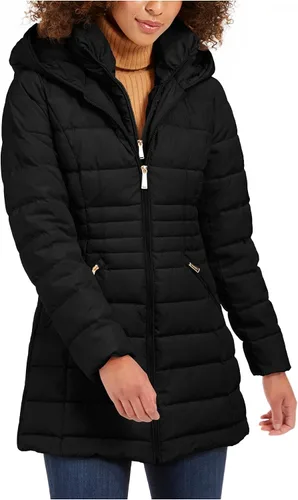 Vista 15 de Laundry by Shelli Segal womens Quilted Puffer Coat with Faux Fur-Trimmed Hood & Fit-and-Flare Waist Hueso
