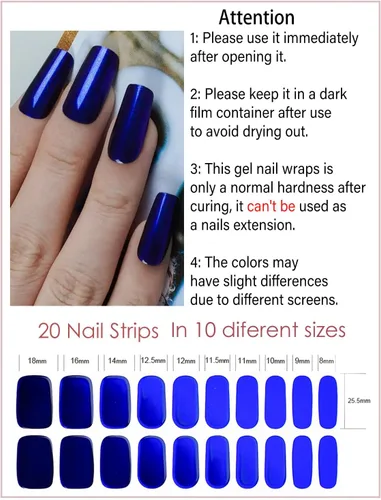 Vista 2 de Tiras adhesivas de uñas de gel semicuradas, 20 pegatinas adhesivas UV de color azul cromo, envolturas para manicura casera DIY