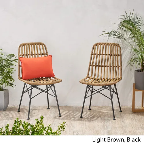Vista 4 de GDFStudio Silla de comedor de mimbre al aire libre (juego de 2), marrón claro y negro