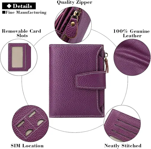 Vista 5 de FALAN MULE - Cartera de cuero auténtico para mujer pequeña plegable compacta con interferencia de radiofrecuencia RFID