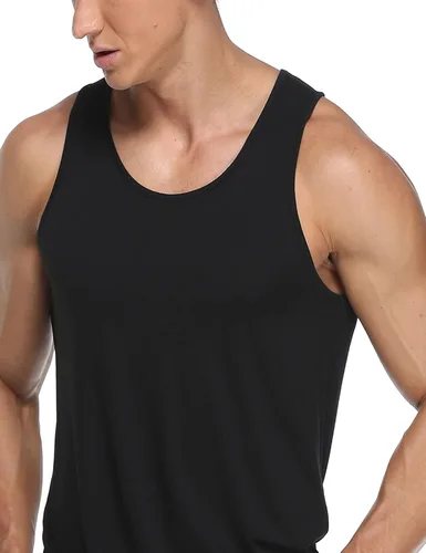 Vista 3 de COLORFULLEAF Camisetas sin mangas de rayón de bambú para hombre, camisetas sin mangas elásticas con cuello redondo (1 o 3)