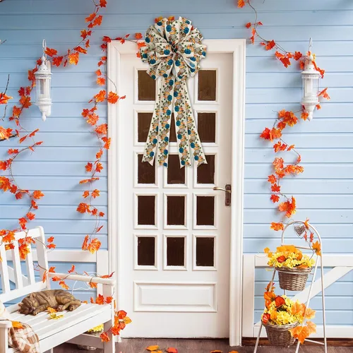 Vista 6 de Whaline Cinta de tela de calabaza de otoño con borde con alambre, cinta de tela de calabaza azul, cintas vintage para envolver para cosecha