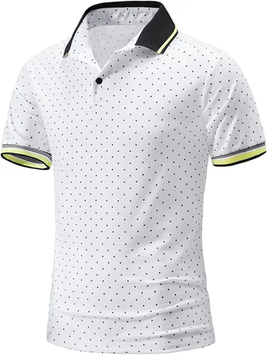 Vista 2 de Camisa polo de ajuste regular con lunares para hombre, casual, de verano, manga corta, cuello vuelto, camisa de vestir de negocios, camiseta