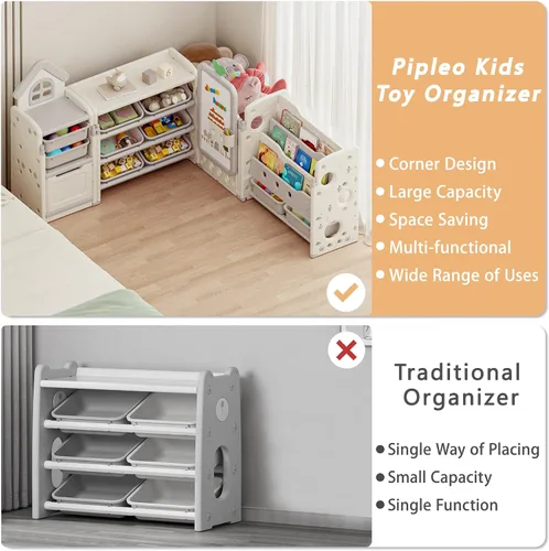 Vista 6 de Organizador de Almacenamiento de Juguetes para Niños con 10 Cubos Extraíbles, Organizadores de Juguetes Plegables y Almacenamiento con Estantería