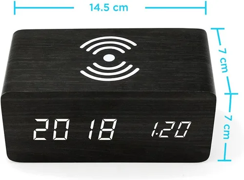 Vista 7 de OCT17 Reloj despertador con almohadilla de carga inalámbrica Qi compatible con iPhone Samsung, reloj digital LED de madera, función de control