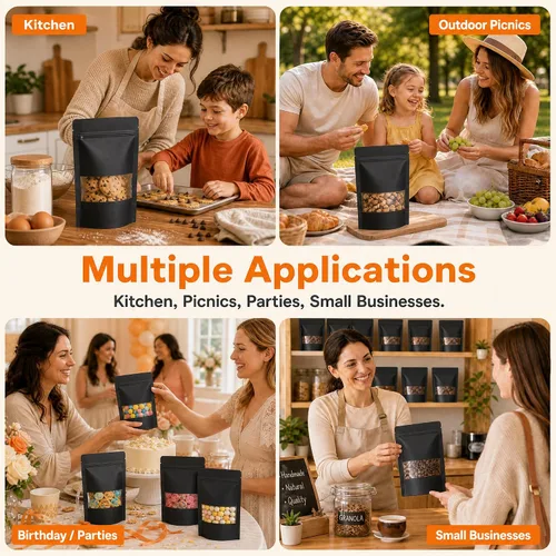 Vista 6 de 100 bolsas de papel kraft negro con ventana, bolsas de pie de 3.5 x 5.5 pulgadas, bolsas de almacenamiento de alimentos para productos de embalaje