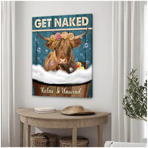 Vista 6 de Divertido arte de pared de vaca de las tierras altas en la bañera, lienzo con imagen de vaca en el baño, impresiones de animales para baño