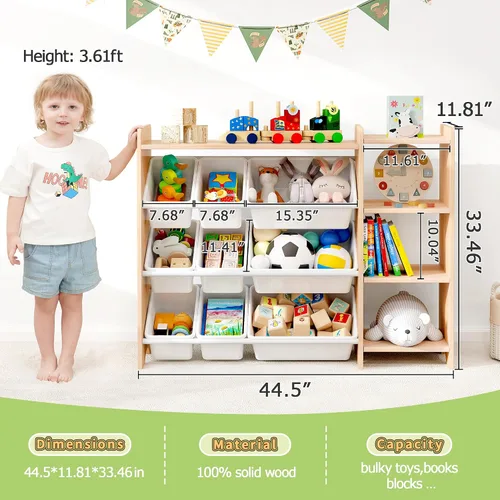 Vista 14 de MallBest Estante organizador de almacenamiento de juguetes para niños de 4 niveles, 100% madera maciza, armario de almacenamiento para niños con 9